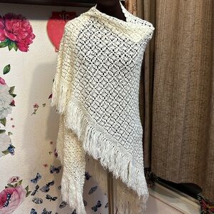 Handmade elegant solid white floral crochet with tassel/fringe shawl/wrap.